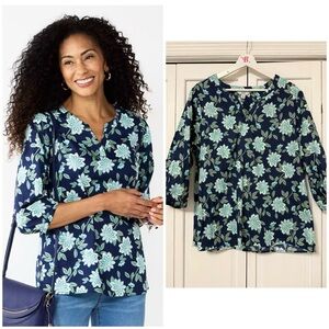 Croft & Barrow Print Splitneck Top Floral Navy Teal Cottagecore 100% Cotton XL